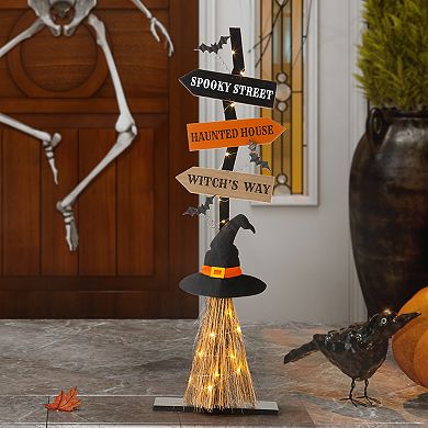 Glitzhome 42" H Wooden Witch's Broom Porch Decor, Halloween Porch Sign with Timer