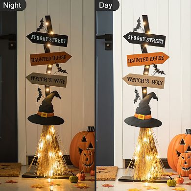 Glitzhome 42" H Wooden Witch's Broom Porch Decor, Halloween Porch Sign with Timer