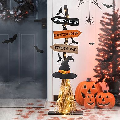 Glitzhome 42" H Wooden Witch's Broom Porch Decor, Halloween Porch Sign with Timer