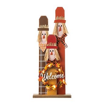Glitzhome 36.25”H Wooden Lighted Porch Sign for Fall, Scarecrow Family with Wreath Porch Decor