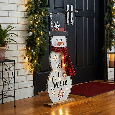 Glitzhome 36" H Lighted Wooden Christmas Snowman Porch Sign, Merry Christmas Welcome Standing Decor