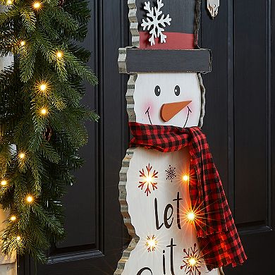 Glitzhome 36" H Lighted Wooden Christmas Snowman Porch Sign, Merry Christmas Welcome Standing Decor