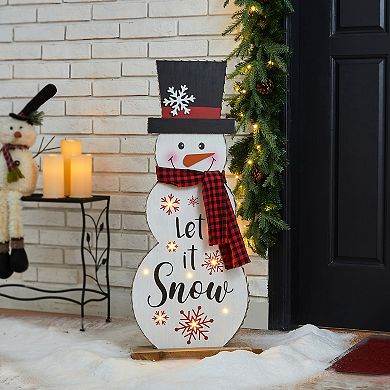 Glitzhome 36" H Lighted Wooden Christmas Snowman Porch Sign, Merry Christmas Welcome Standing Decor