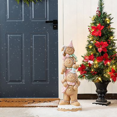 Glitzhome 29.25"H Christmas Porch Decor, Macaron Pink Resin Stacked Gingerbread Man Xmas Porch Sign