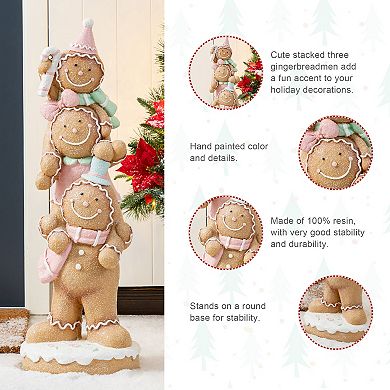 Glitzhome 29.25"H Christmas Porch Decor, Macaron Pink Resin Stacked Gingerbread Man Xmas Porch Sign