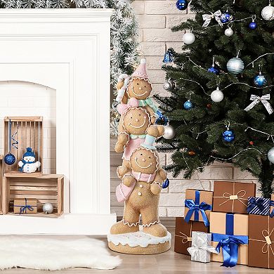 Glitzhome 29.25"H Christmas Porch Decor, Macaron Pink Resin Stacked Gingerbread Man Xmas Porch Sign