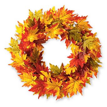 Glitzhome 24 Inch Fall Wreath For Front Door, Lighted Maple Leaves Autumn Wreath With Timer
