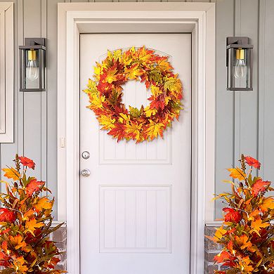 Glitzhome 24 Inch Fall Wreath For Front Door, Lighted Maple Leaves Autumn Wreath With Timer