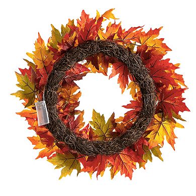 Glitzhome 24 Inch Fall Wreath For Front Door, Lighted Maple Leaves Autumn Wreath With Timer