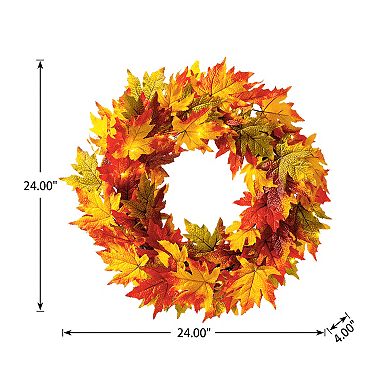 Glitzhome 24 Inch Fall Wreath For Front Door, Lighted Maple Leaves Autumn Wreath With Timer