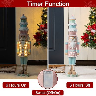 Glitzhome 28''h Lighted Resin Christmas Nutcracker With Cupcake Hat Porch Decor With Timer