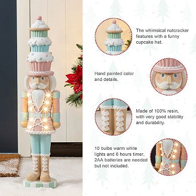 Glitzhome 28''h Lighted Resin Christmas Nutcracker With Cupcake Hat Porch Decor With Timer