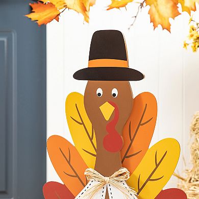 Glitzhome 31”H Thanksgiving Turkey Porch Sign, Wooden Turkey Give Thanks Standing Decor