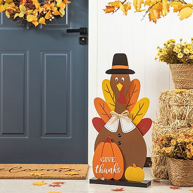 Glitzhome 31”H Thanksgiving Turkey Porch Sign, Wooden Turkey Give Thanks Standing Decor