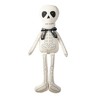 Glitzhome 47"h Fabric Skeleton Sitter Porch Decor, Halloween Porch Sign with A "BOO" Bowtie