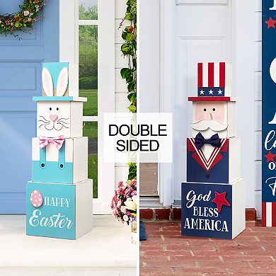 Glitzhome 24.5" H Patriotic/ Easter Double Sided Wooden Porch Decor, Easter Bunny & Uncle Sam