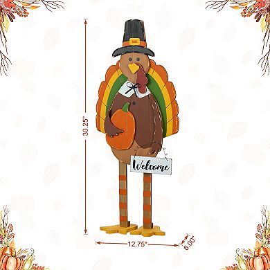 Glitzhome 30'H Thanksgiving Wood Turkey Porch Sign, Turkey Pumpkin Welcome Standing Decor