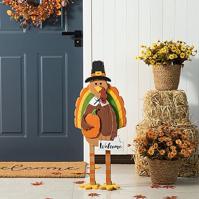 Glitzhome 30'H Thanksgiving Wood Turkey Porch Sign, Turkey Pumpkin Welcome Standing Decor