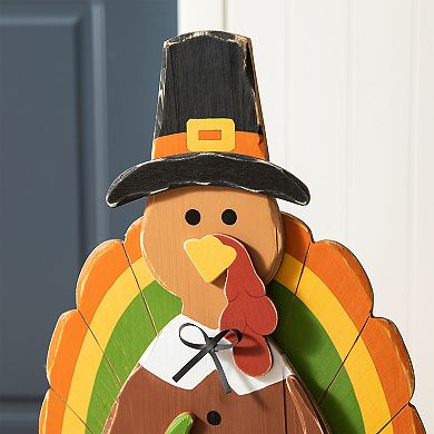 Glitzhome 30'H Thanksgiving Wood Turkey Porch Sign, Turkey Pumpkin Welcome Standing Decor