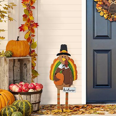 Glitzhome 30'H Thanksgiving Wood Turkey Porch Sign, Turkey Pumpkin Welcome Standing Decor
