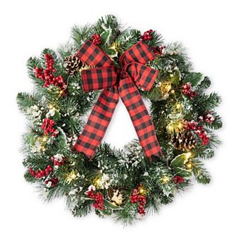 Glitzhome 24" LED Christmas Wreath with Timer, Artificial Bowknot Wreath with Pinecones and Berry