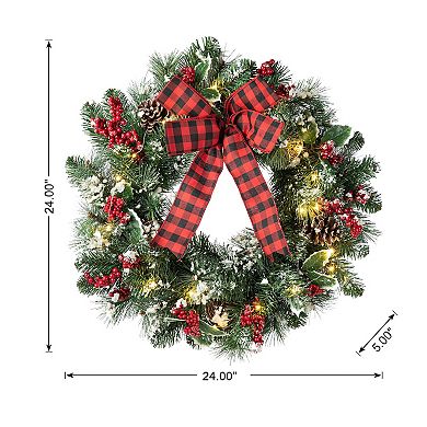 Glitzhome 24" LED Christmas Wreath with Timer, Artificial Bowknot Wreath with Pinecones and Berry
