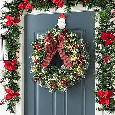Glitzhome 24" LED Christmas Wreath with Timer, Artificial Bowknot Wreath with Pinecones and Berry