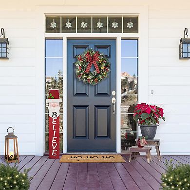 Glitzhome 24" LED Christmas Wreath with Timer, Artificial Bowknot Wreath with Pinecones and Berry
