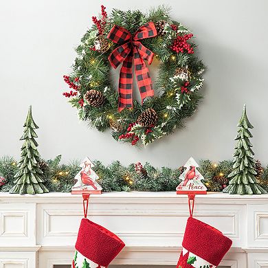 Glitzhome 24" LED Christmas Wreath with Timer, Artificial Bowknot Wreath with Pinecones and Berry