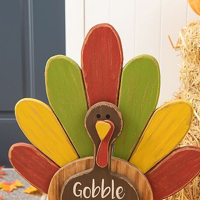 Glitzhome 24" H Thanksgiving Turkey Porch Decoration, Wooden Turkey Figurine Standing Decor