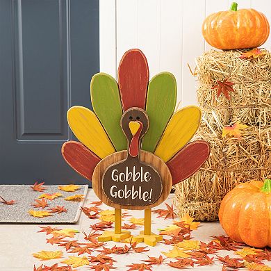 Glitzhome 24" H Thanksgiving Turkey Porch Decoration, Wooden Turkey Figurine Standing Decor