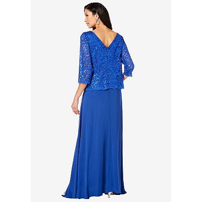 Petite Plus Size Women's Plus Size Sequin Lace Three Quarter Sleeve A-Line Gown by Roaman's in Deep Teal (Size 44 W)