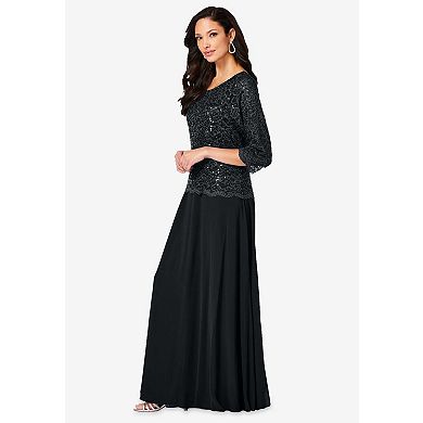 Roaman's Women's Plus Size Sequin Lace Three Quarter Sleeve A-Line Gown