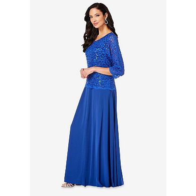 Roaman's Women's Plus Size Sequin Lace Three Quarter Sleeve A-Line Gown