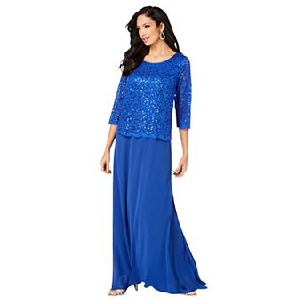 Roaman's Women's Plus Size Petite Plus Size Sparkle Lace Popover A-Line Gown With 3/4 Sleeves