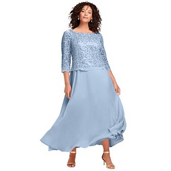 Roaman's Women's Plus Size Petite Plus Size Sparkle Lace Popover A-Line Gown With 3/4 Sleeves