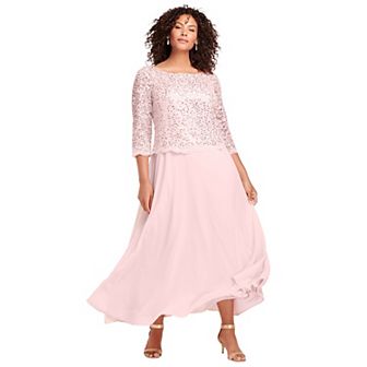 Roaman's Women's Plus Size Petite Plus Size Sparkle Lace Popover A-Line Gown With 3/4 Sleeves