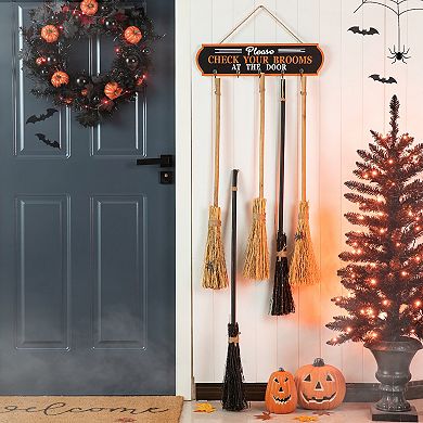 Glitzhome 42"H Brooms Parking Porch Decor, Halloween Wooden Hanging Wall Decor