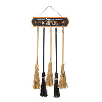 Glitzhome Brooms Parking Porch Decor, Halloween Wooden Hanging Wall Decor