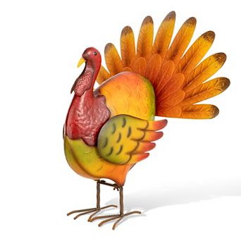 Glitzhome 21.5"H Thanksgiving Metal Turkey Porch Decor, Hand-Painted Turkey Sculpture Statue Sign