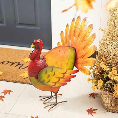 Glitzhome 21.5"H Thanksgiving Metal Turkey Porch Decor, Hand-Painted Turkey Sculpture Statue Sign