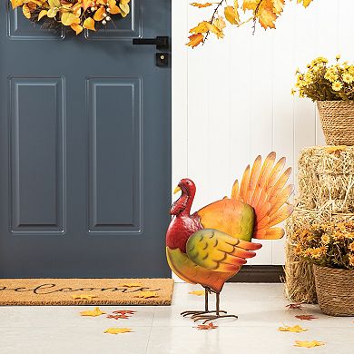 Glitzhome 21.5"H Thanksgiving Metal Turkey Porch Decor, Hand-Painted Turkey Sculpture Statue Sign