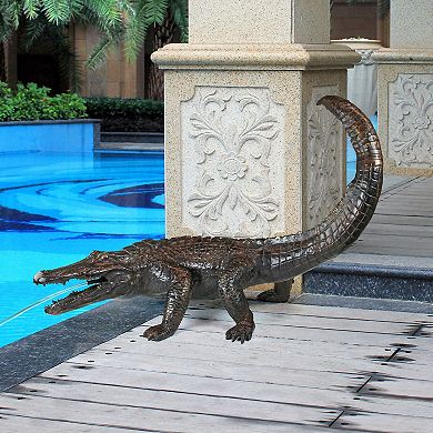 Gator On The Prowl: Spitting Bronze Alligator Garden Statue