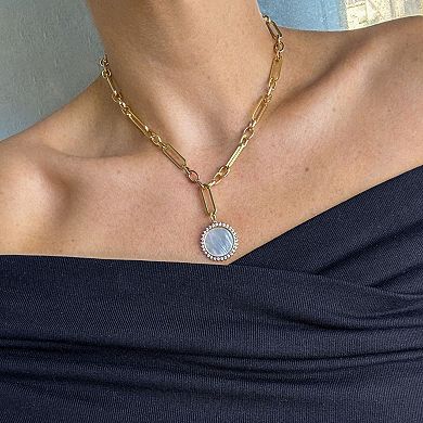 Adornia 14k Gold Tone Mother of Pearl Cubic Zirconia Halo Disc Mixed Link Y-Necklace
