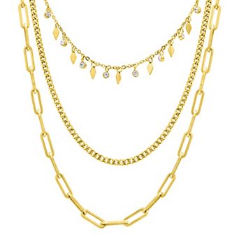 Adornia 14k Gold Tone Paperclip, Curb, & Dangle Crystal Chain Necklace Set