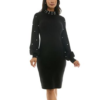 Women's Nina Leonard Mock Neck Sweater Dress with Faux Pearls