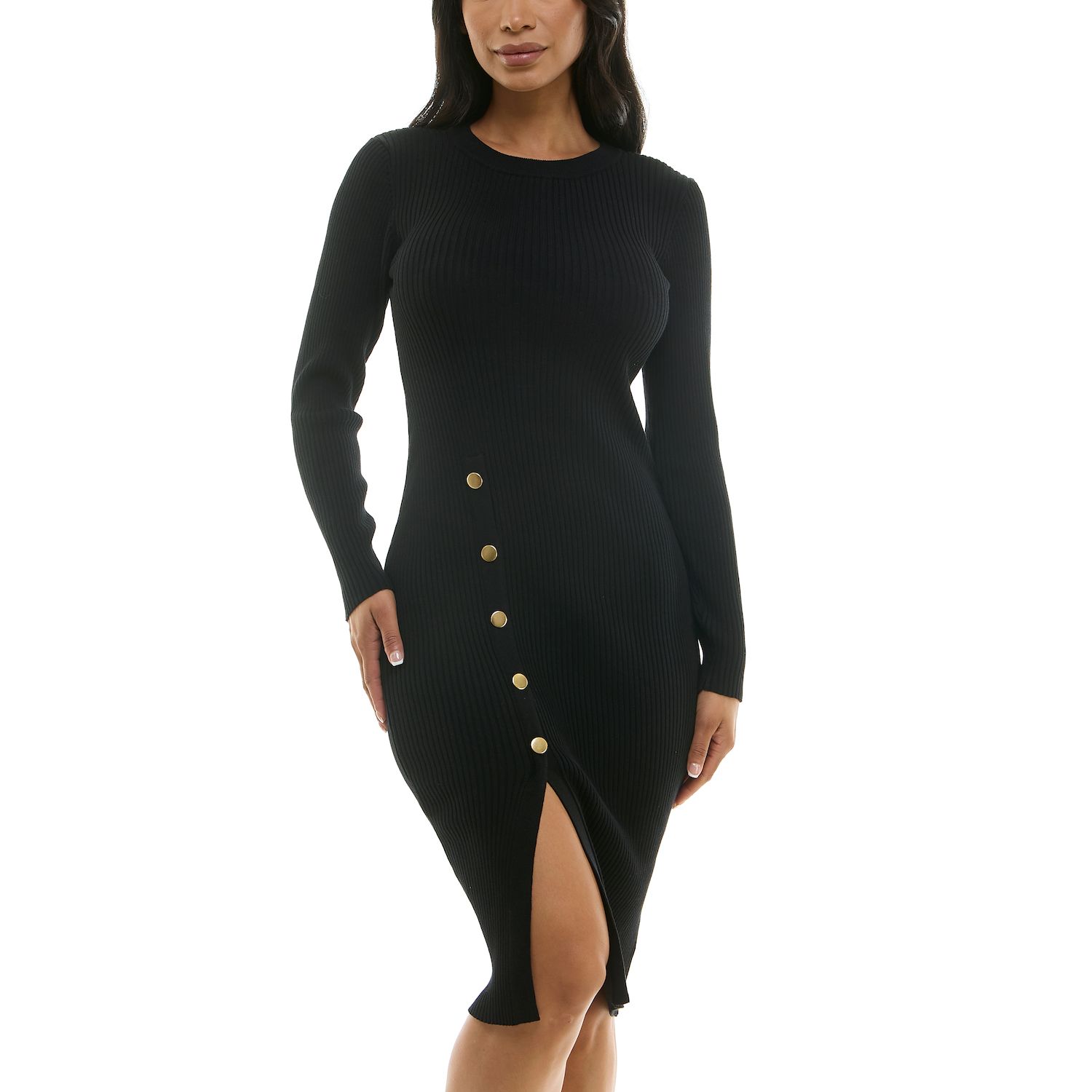 Женское платье Nina Leonard Ribbed Midi Sheath Dress with Buttons, цвет: Чёрный