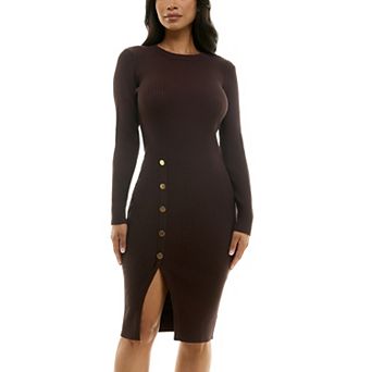 Women's Nina Leonard Ribbed Midi Sheath Dress with Buttons
