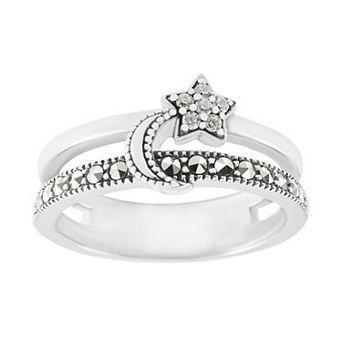 Lavish by TJM Sterling Silver Marcasite & Cubic Zirconia Moon & Star Ring