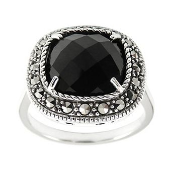 Lavish by TJM Sterling Silver Onyx & Marcasite Cushion Ring